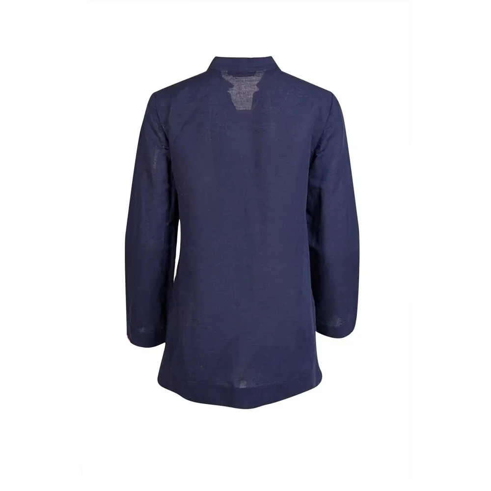 Tory Burch - Navy w/ Pearl, Shell, & Rope Embroidery V-Neck Tunic Top Sz 8